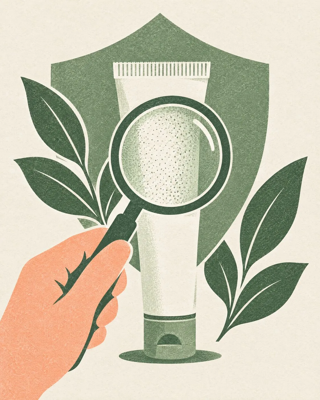 Illustration of a hand holding a magnifying glass over a skincare tube, with leaves and a shield behind it