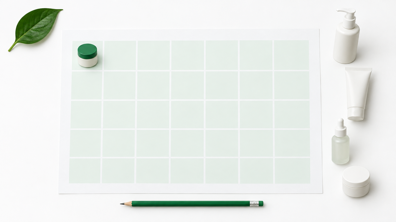 A blank calendar grid with one small jar on the first square and other plain containers waiting beside it