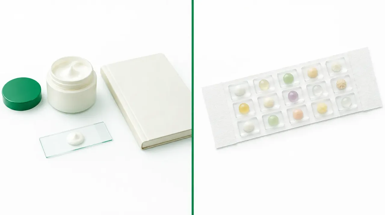 A single small jar with one dab of cream beside a tidy grid of small square test chambers on white tape.
